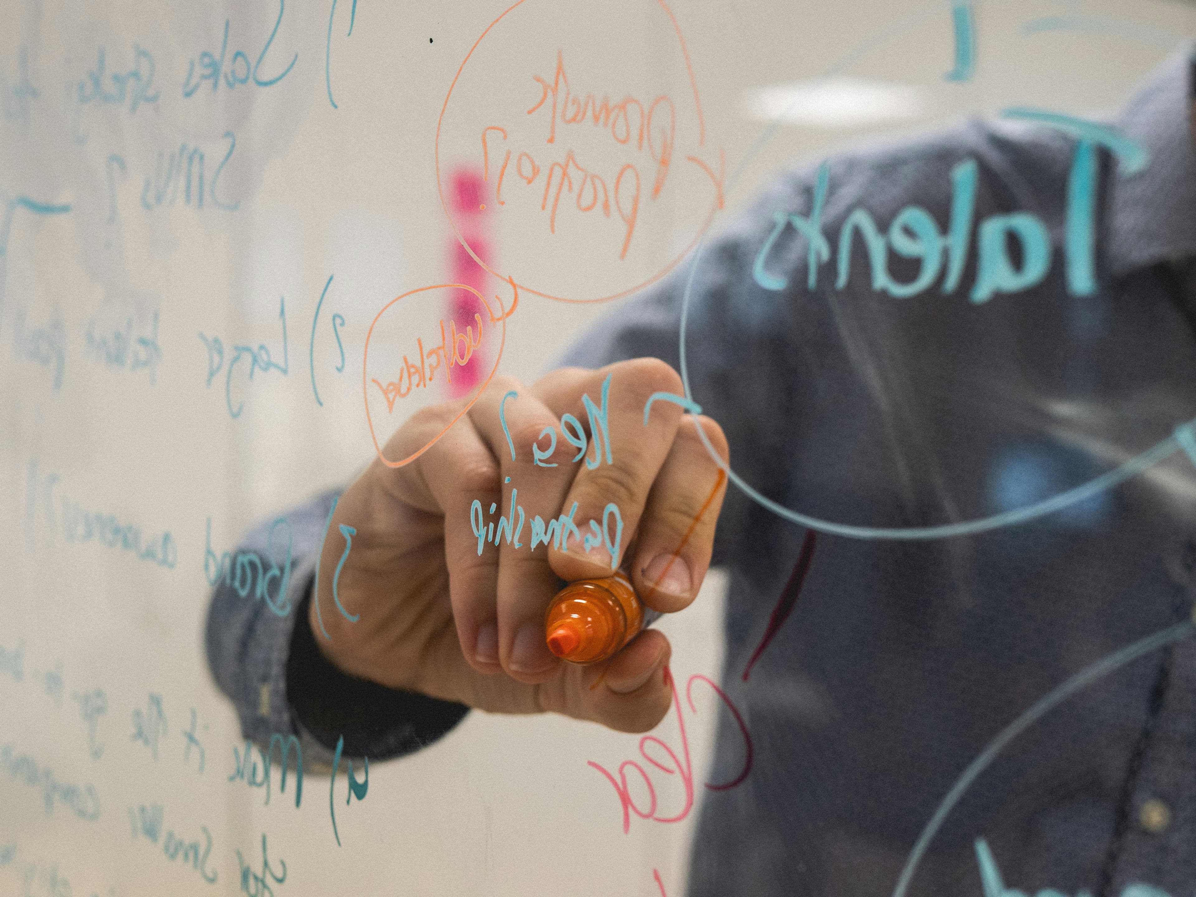 Hand writing on a transparent glass board with an orange marker and colorful handwritten notes.